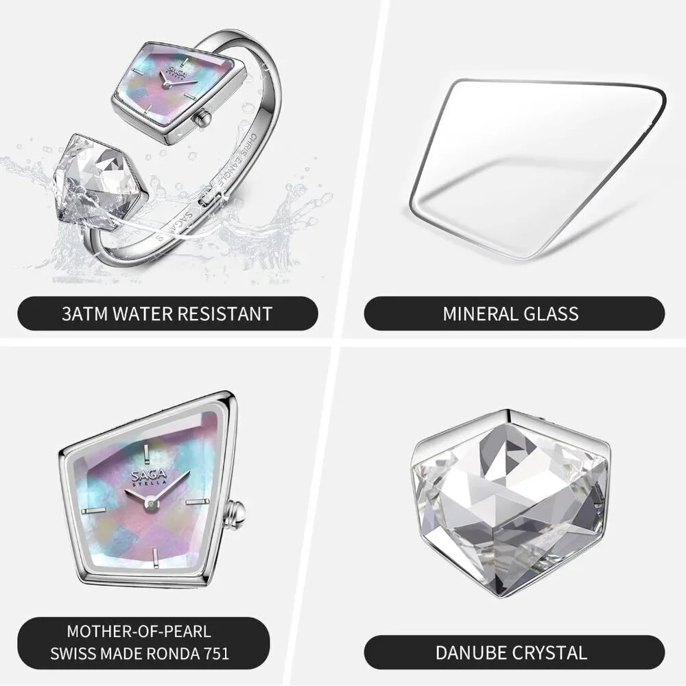 Women's Silver Cuff Bangle Quartz Watch Shaped Mineral Case Stainless Steel
